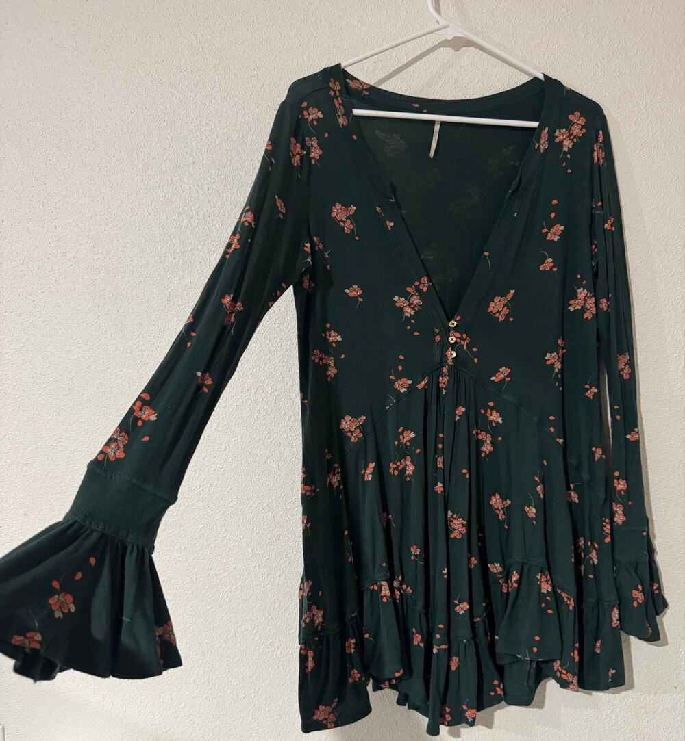 Free People Olivia Henley Tunic Dress Dark Green Floral Boho Flared Sleeve Small